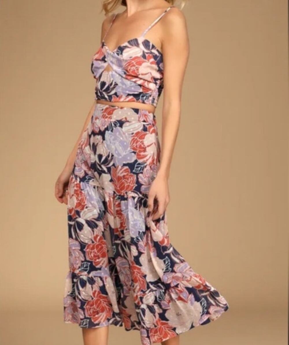 Lulus Floral Two Piece Midi Dress Set XL Floating Through Flowers Boho